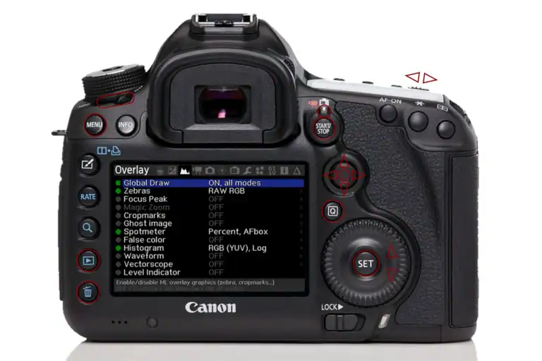 Pantalla de Magic Lantern activada en una Canon DSLR mostrando funciones avanzadas como zebras, histogramas y enfoque asistido.