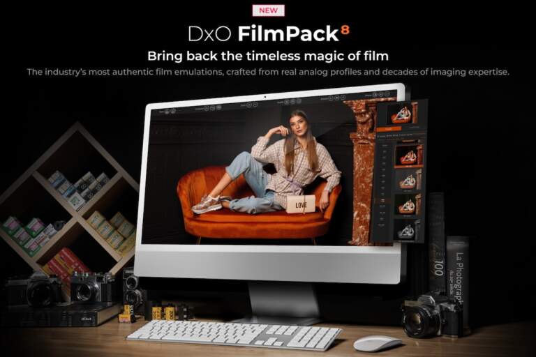 Interfaz de DxO FilmPack 8 con simulación de película Kodachrome y panel de edición activa en Photoshop (Smart Filter), mostrando integración total y emulación científica.