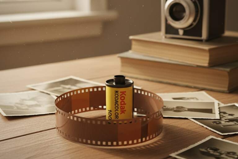 Rollo de película Kodak Kodacolor 100 con estética retro sobre un escritorio de madera.