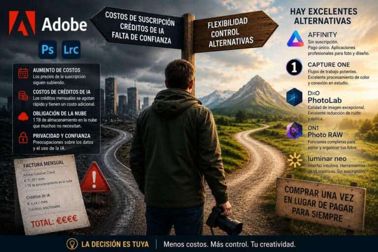 Adobe discontinuó el plan fotográfico de 20 GB para nuevos clientes. Imagen de un hombre con una cámara en mano en un camino rural.