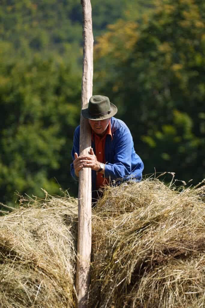Campesino rumano con herramientas tradicionales en los Cárpatos – fotografía documental