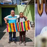 Fujifilm X-S20: Pareja de artesanos mexicanos exhibe un colorido sarape tejido a mano.