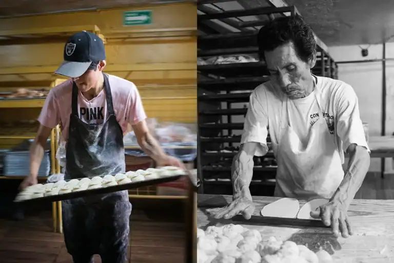 Fotografía de reportaje en panadería mexicana con dos panaderos trabajando.