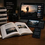 Mesa de trabajo con libros especializados de fotografía, cámara Fujifilm y dispositivos electrónicos.