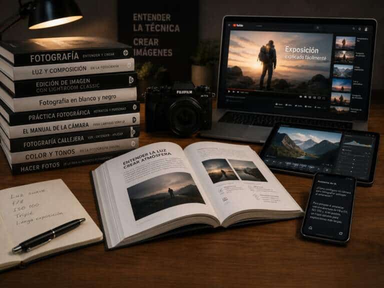 Mesa de trabajo con libros especializados de fotografía, cámara Fujifilm y dispositivos electrónicos.