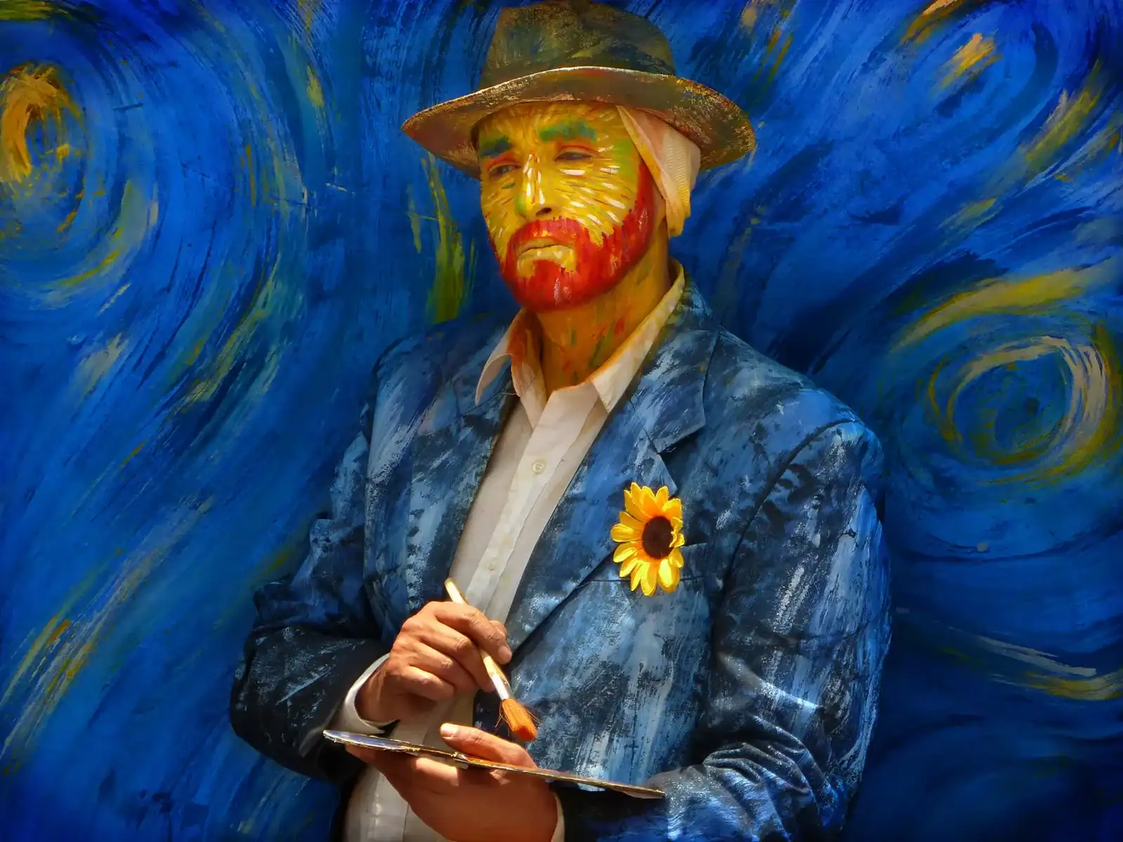 Un hombre con un diseño de Van Gogh y un girasol en la chaqueta sostiene un pincel y una paleta.