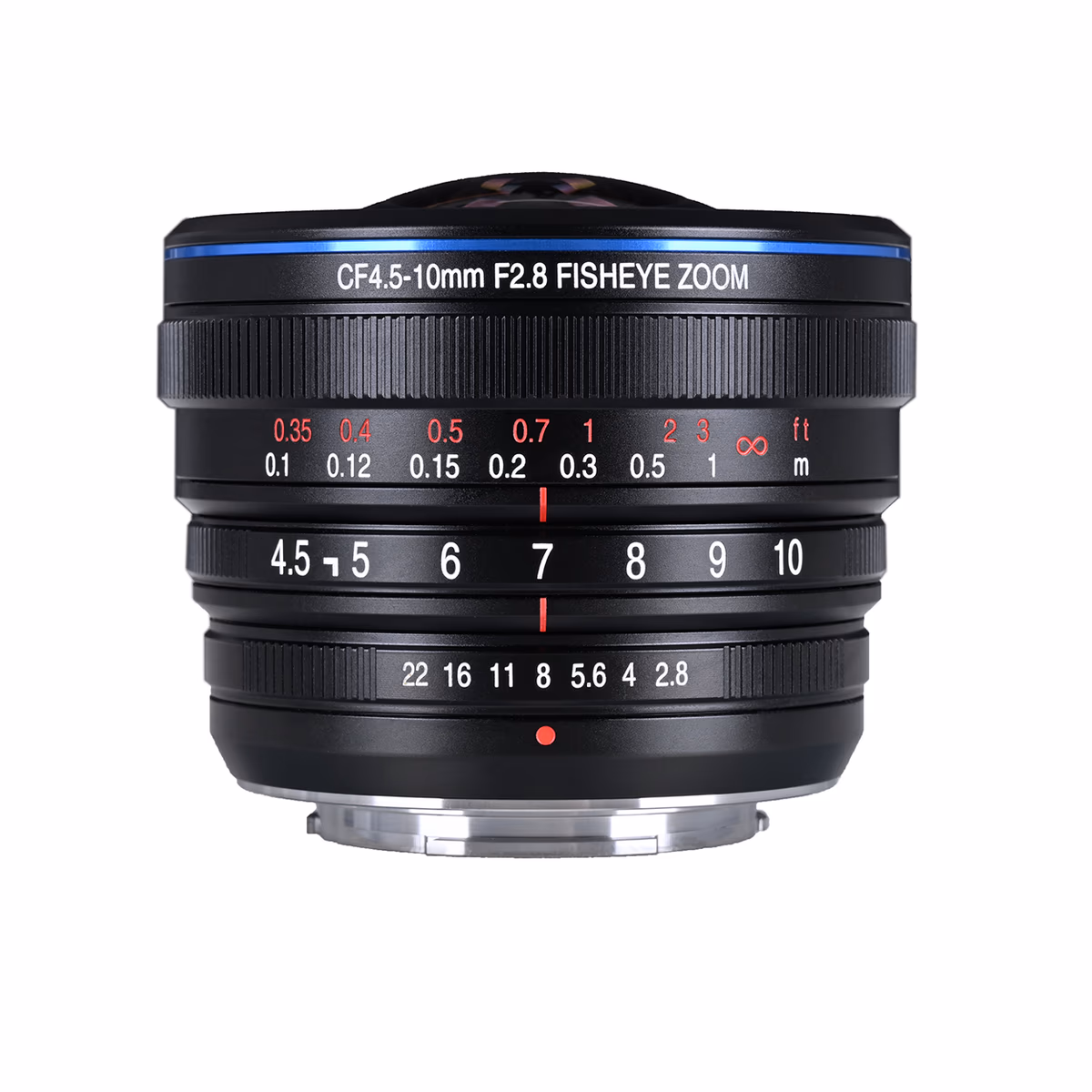 Primer plano del objetivo Laowa 4.5-10mm f/2.8 Fisheye Zoom con marcas de enfoque y apertura.