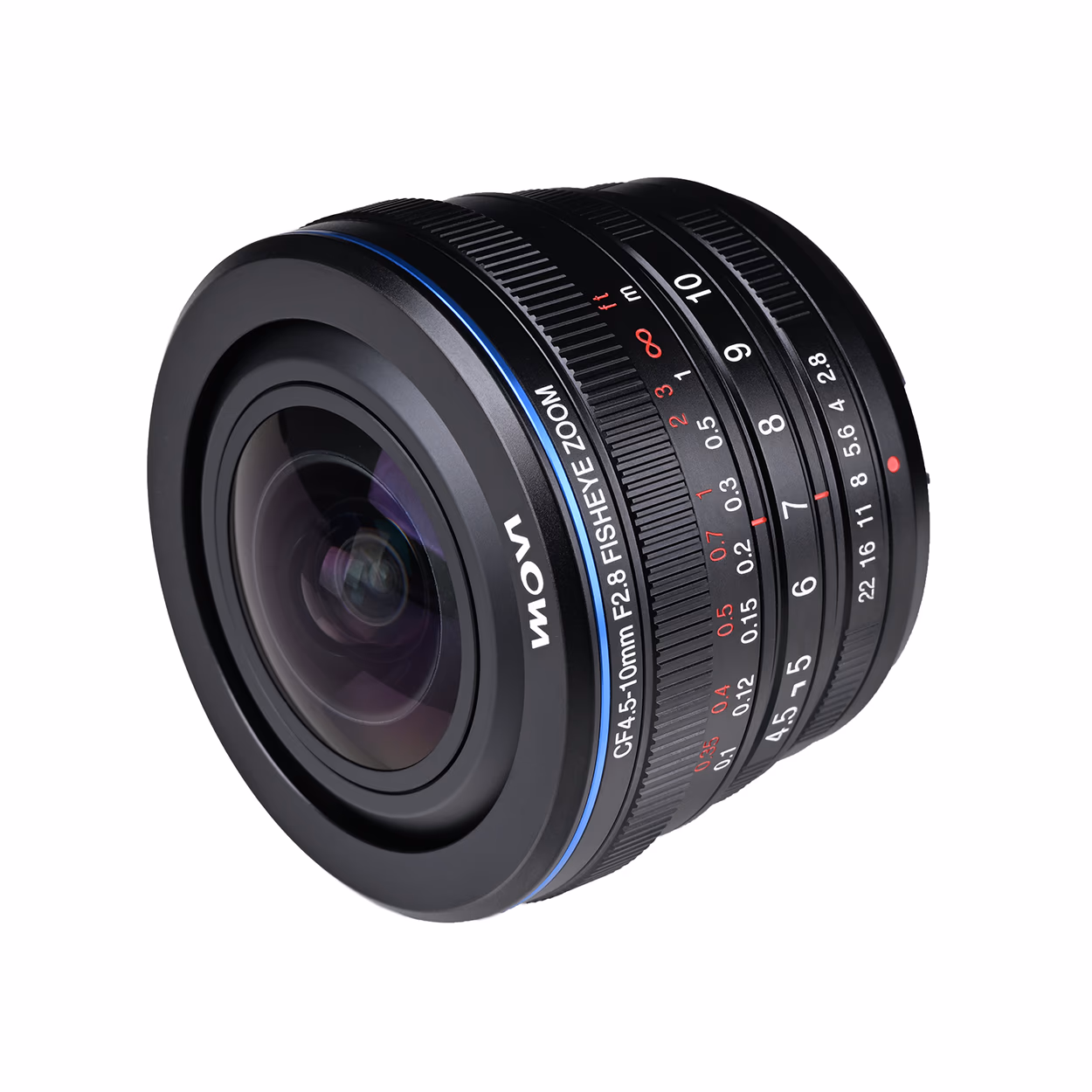 Objetivo Laowa 4.5-10mm f/2.8 Fisheye Zoom con marcas de apertura y distancia visibles.