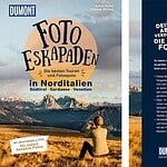 Portada de libro de fotografía del norte de Italia con paisaje montañoso y persona tomando una foto.