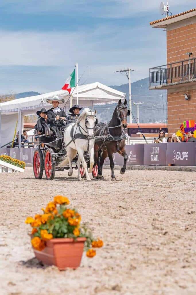 Carruaje tirado por caballos con charros, bandera mexicana, fotografía deportiva.