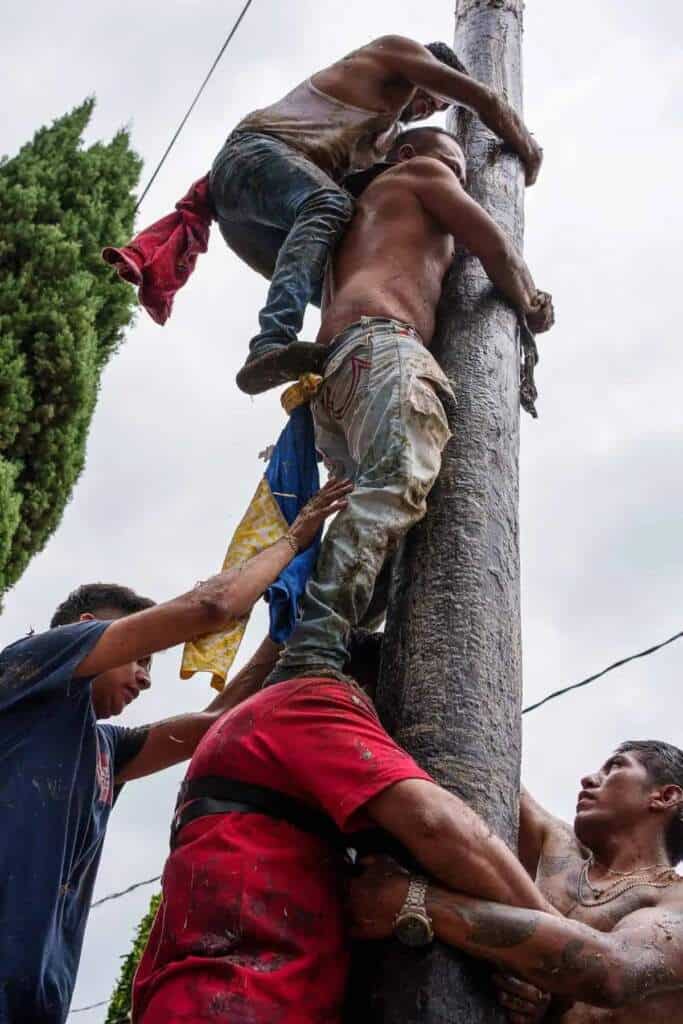 Hombres se ayudan a subir un palo encebado en Tlaxcala durante fiestas.